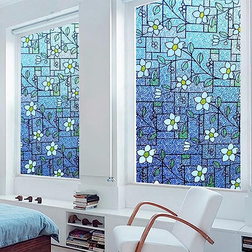DUOFIRE Total Blackout Window Film, 100% Light Blocking Stained Glass Window Film Decorative, Flower Rainbow Windows Films Room Removable Static Cling Windows Cover for Home, 47.2 x 78.7 inches
