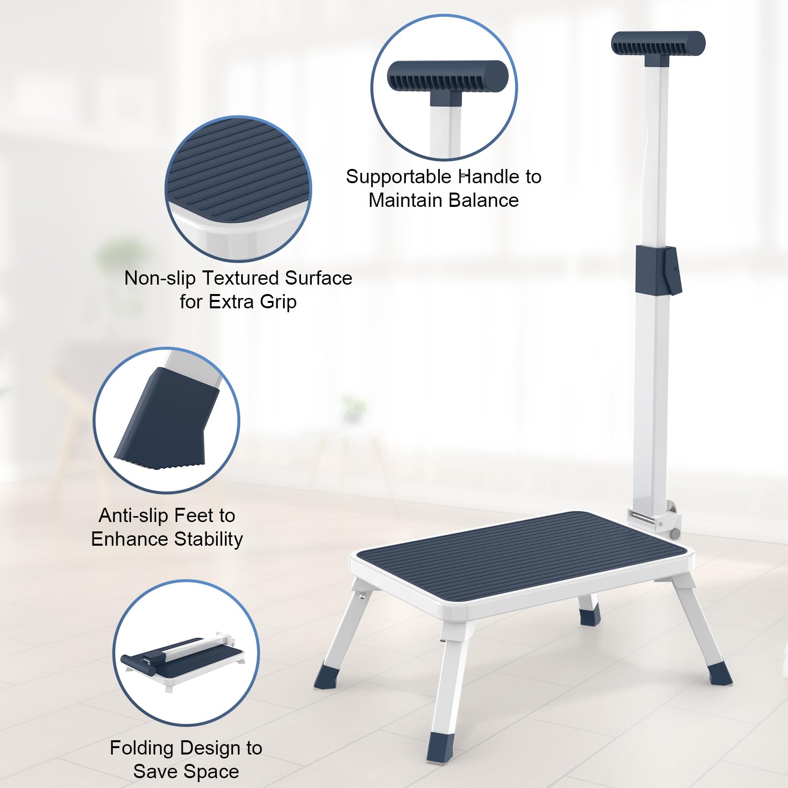 Folding Step Stool, Step Stools with Handle for Elderly Adults, Metal Stepping Stool with Adjustable Handrail in Kitchen, Bathroom, Bedroom, 330 Lbs Capacity