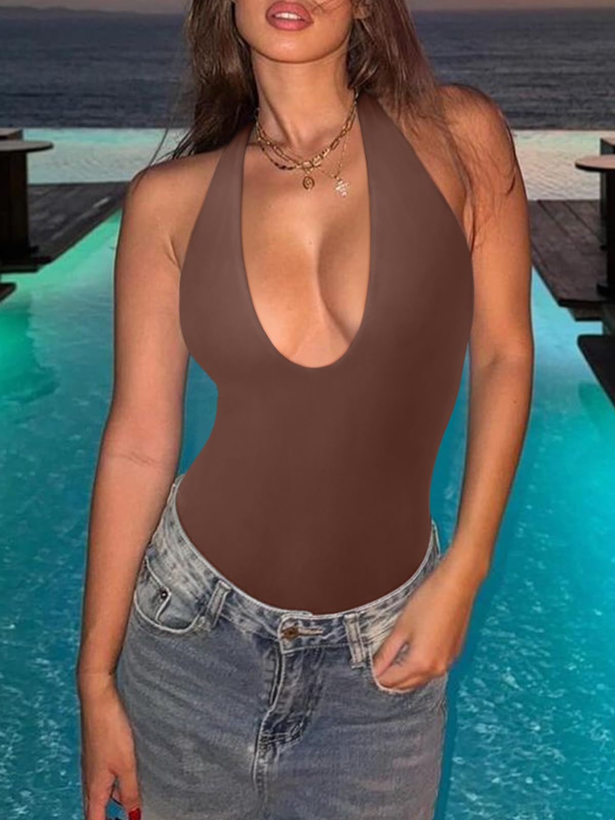 REORIA Bodysuits for Women Halter Tops 2025 Summer V Neck Backless Body Suits Tank Top Trendy Fashion Clothing Coffee X-Large