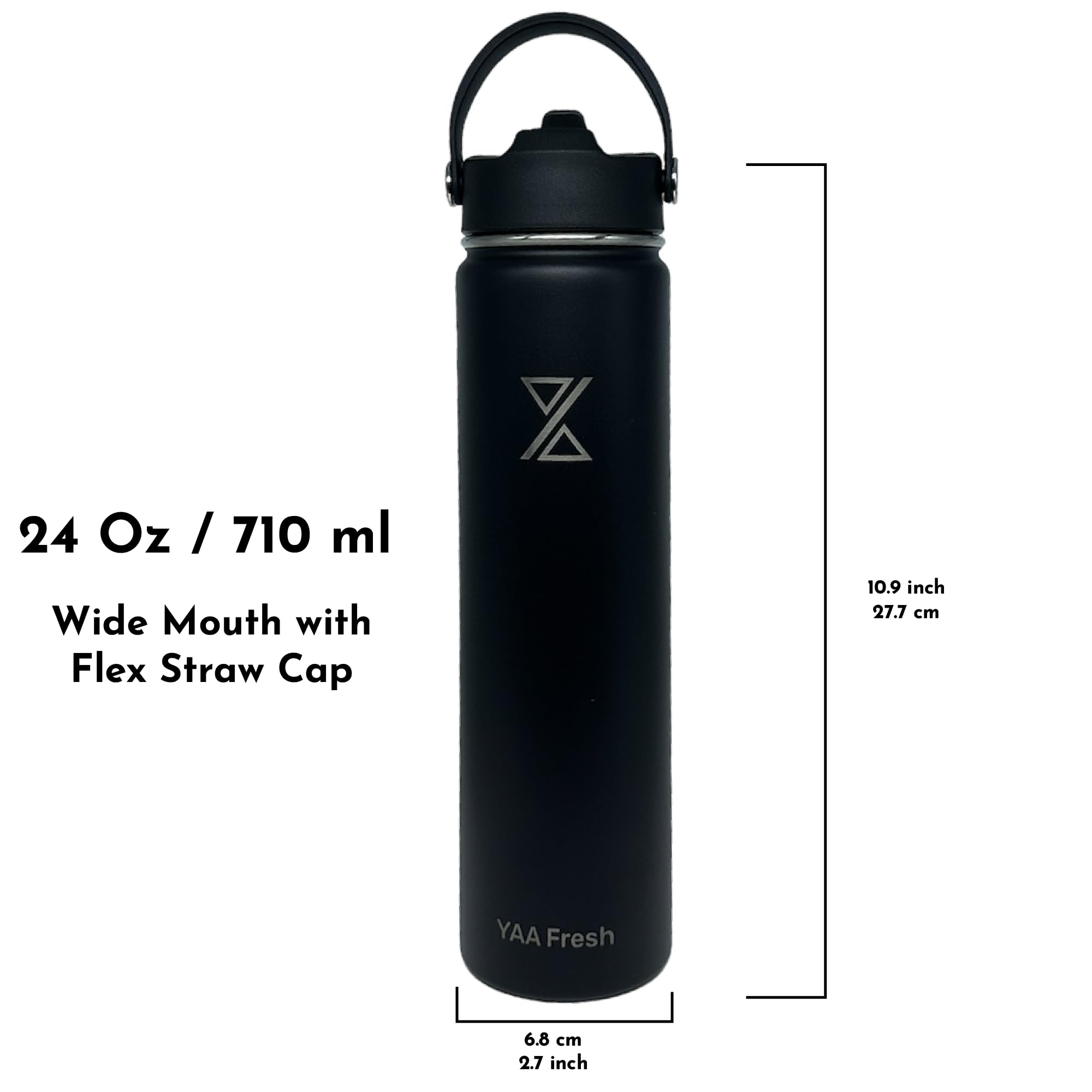 Yaa Fresh 24Oz BPA-Free 24 Hr Cold/12 Hr Hot Insulated Stainless Steel Sports Water Bottle with Straw and Lid, Food-grade Double Walled, Leakproof, Insulated Thermos, Wide Mouth for Men, Women & Kids