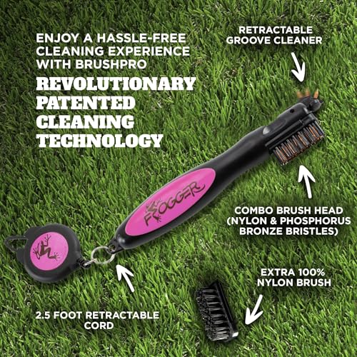 Frogger BrushPro Golf Club Cleaner with Ergonomic Grip and 2.5 ft. Retractable Cord, Pink - Sturdy Golf Club Brush and Groove Cleaner for Golfers