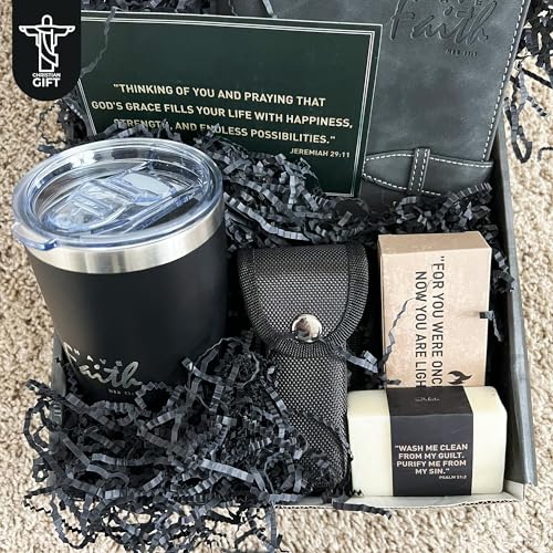 DEHITE Christian Gifts for Men - Religious Gift Basket Inspirational Present - | Insulated Tumbler | Notebook | Multitool Pocket Knife | Fire Starting Kit | - Christmas Gift Birthday Box for Father