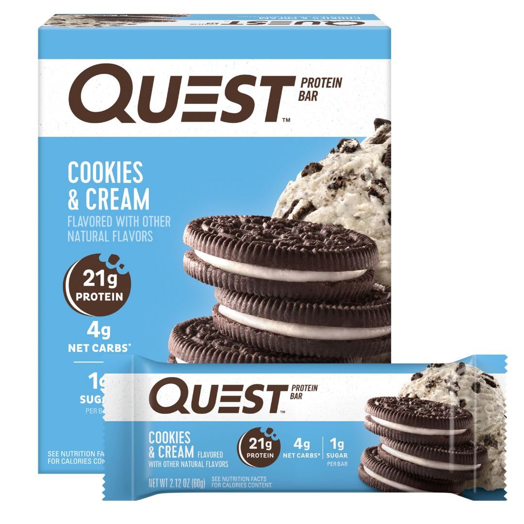 Quest Nutrition Cookies & Cream Protein Bars, 21g Protein, 4g Net Carbs, 1g Sugar, Gluten Free, Keto Friendly, 4 Count