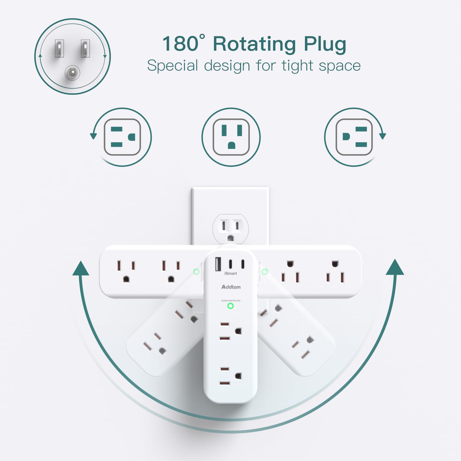 Surge Protector Wall Outlet Extender, Multi Plug Outlet with Rotating Plug, 6 AC Outlets 3 USB Ports (2 USB C), 1800J, 3-Side Power Strip Wall Mount, Outlet Splitter for College Dorm Travel Essentials