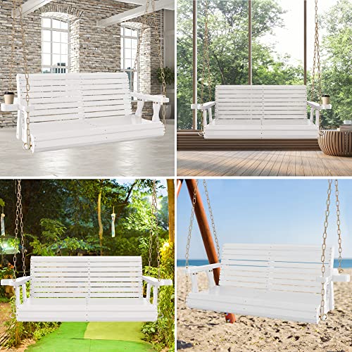 4FT Wooden Porch Swing w/Cupholders,Heavy Duty 800LBS Outdoor Swing Bench w/Chains,Patio Roll Back Swing Chair Bench,Front Porch 2-Person Hanging Bench,for Garden Courtyard Lawn & Balcony