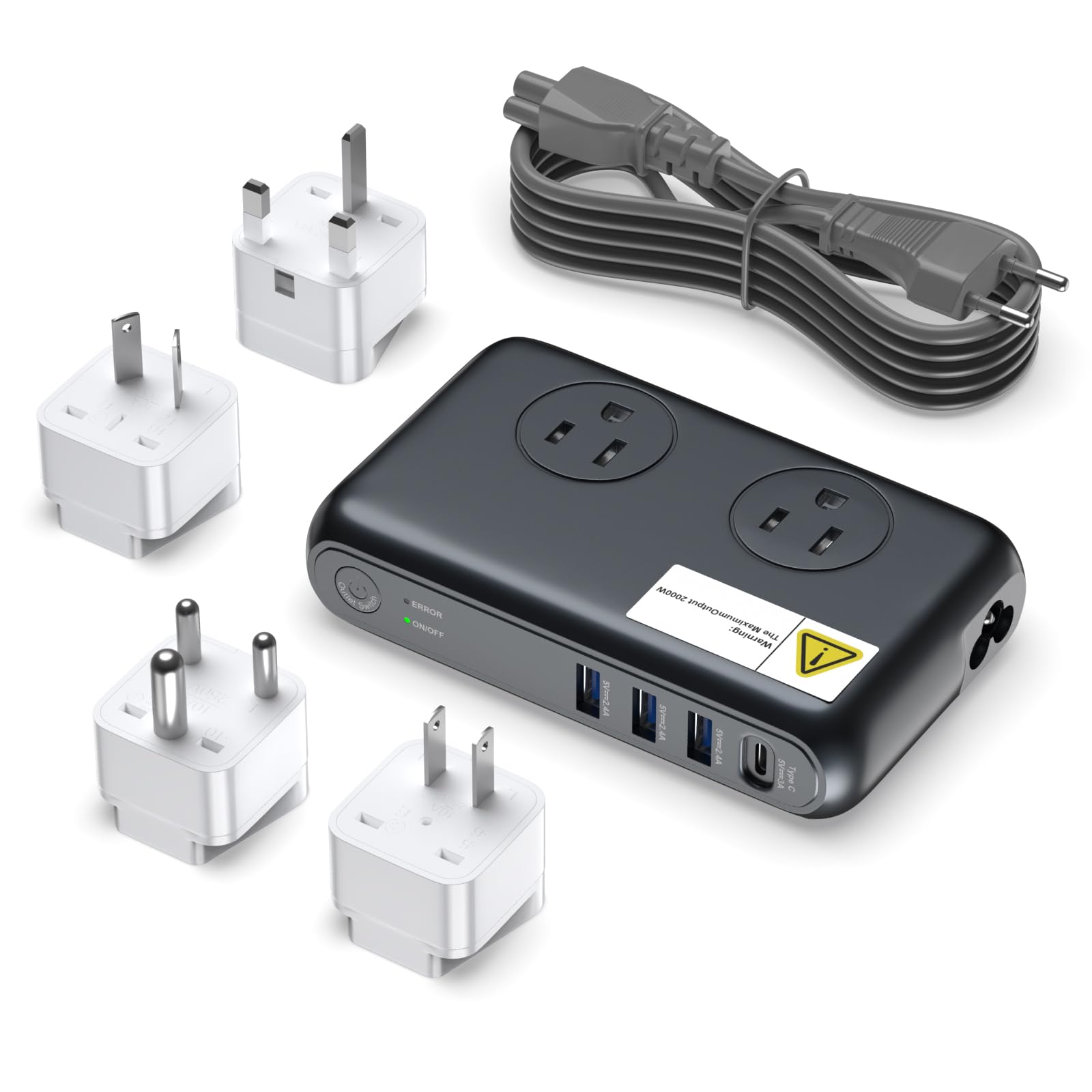 220V to 110V Voltager Converter, 230W Universal Travel Adapter with 4 USB Ports, 2 Outlets and EU/US/UK/AU/in Plug Power Converter Adapter Combo, Step Down Converter for Curling Iron,Gray