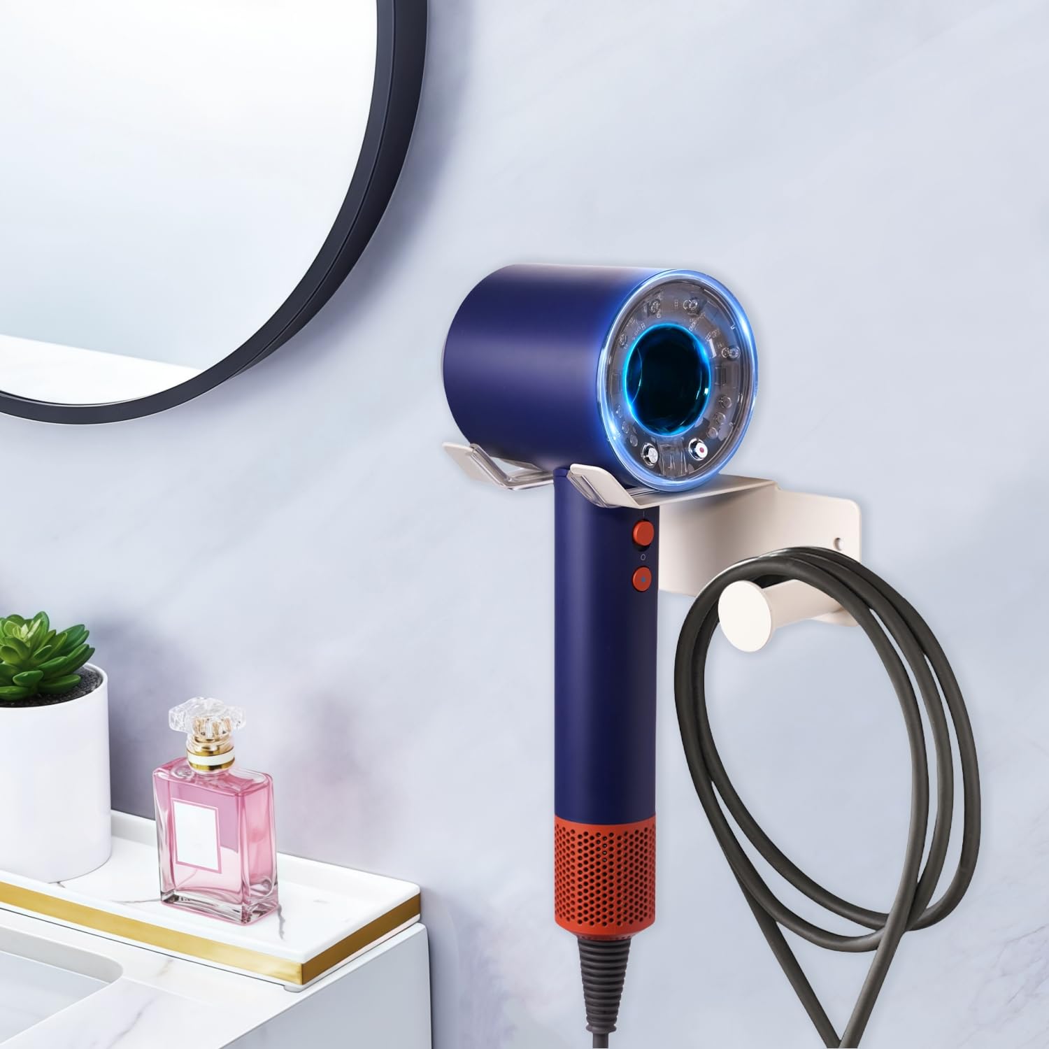 Hair Dryer Holder Stainless Steel, Blow Dryer Holder Self Adhesive, Dyson Hair Dryer Holder Wall Mounted Compatible with Dyson, Hairdryer Holder for Bathroom White PTALSEAW