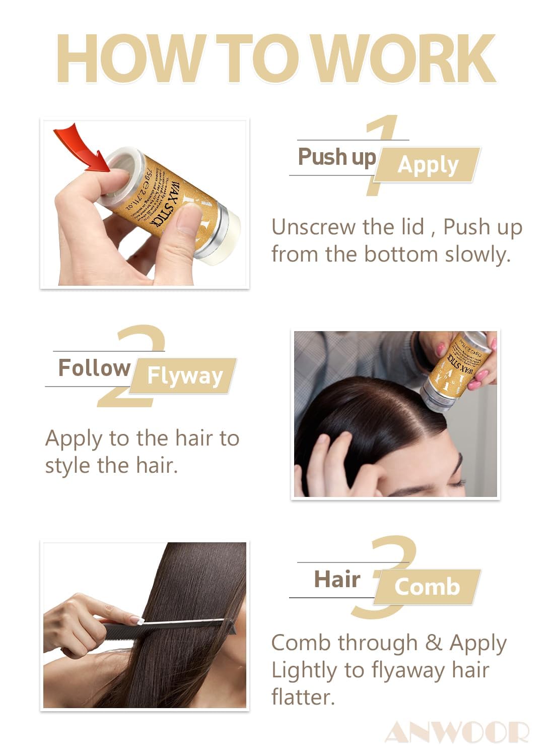 AnWoor Hair Wax Stick, Styling Wax for Smooth Wigs, Slick Stick for Hair Non-greasy Styling Hair Pomade Stick for Flyaways Edge & Frizz Hair - 2.7 Oz