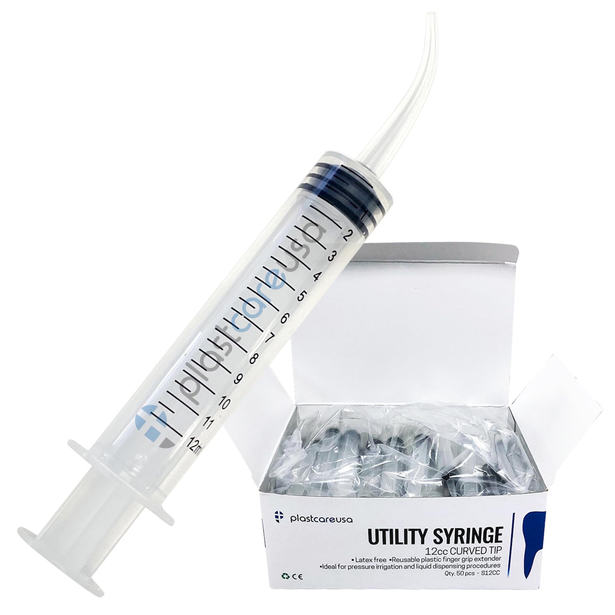 50 Curved Tip Irrigation Syringes (12cc / 12ml) - Disposable Oral Dispensing Utility Syringe (Box of 50) by PlastCare USA