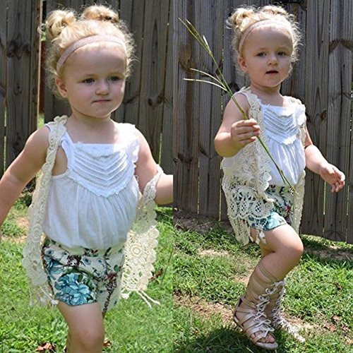 SMILING PINKER Little Girl's Crochet Vest with Fringe V neck Sleeveless Cardigan Open Front (Beige, Small)