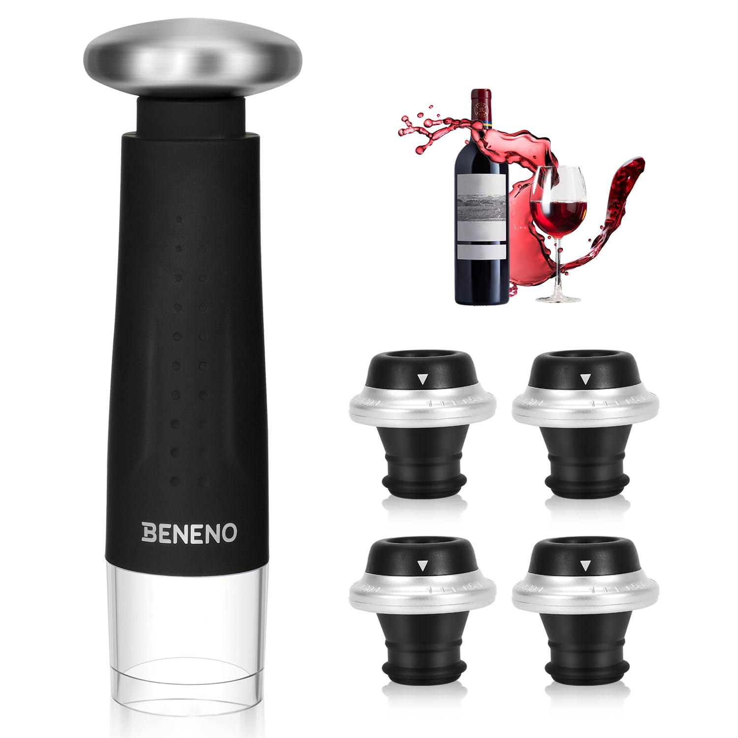 Beneno Wine Saver Vacuum Pump with 4 Vacuum Wine Bottle Stoppers Keep Wine Fresh, Reusable Silicone Vacuum Wine Sealer Wine Preserver for Wine Bottles, Ideal Wine Accessories Gift