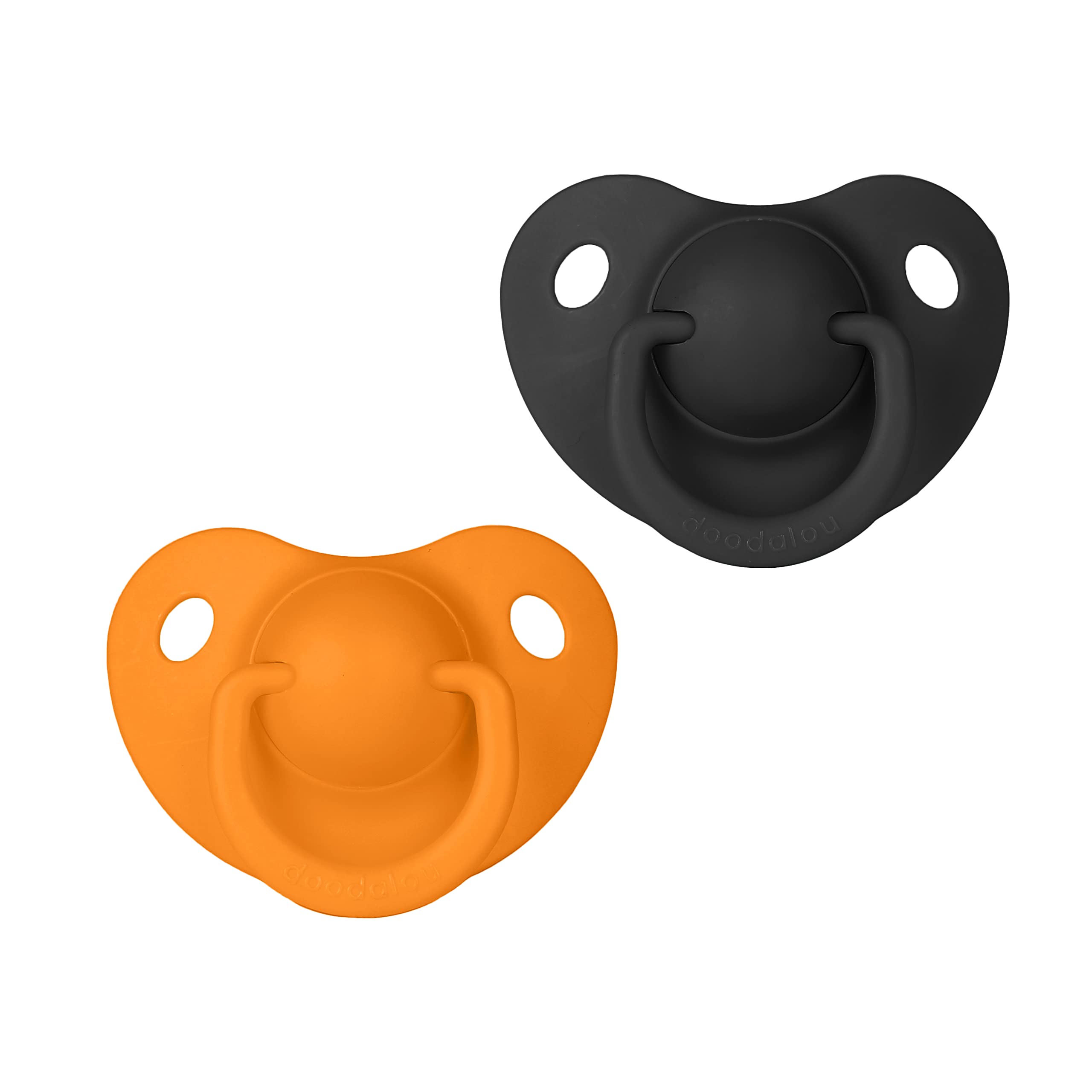 Doodalou Silicone Baby Pacifier - Set of 2 | Safe, Hygienic, and Soothing Teething Relief for Babies | Newborn Pacifier | 100% Medical Grade Silicone, Dishwasher Safe - Orange Black Small