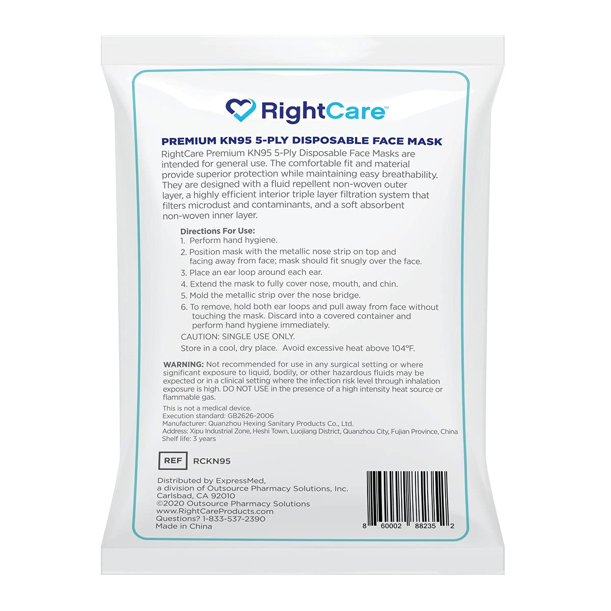 RightCare KN95 Protective Face Mask (Non-Medical) with Ear Loops and Shapeable Nose Bridge, Universal Size 10ct Pack