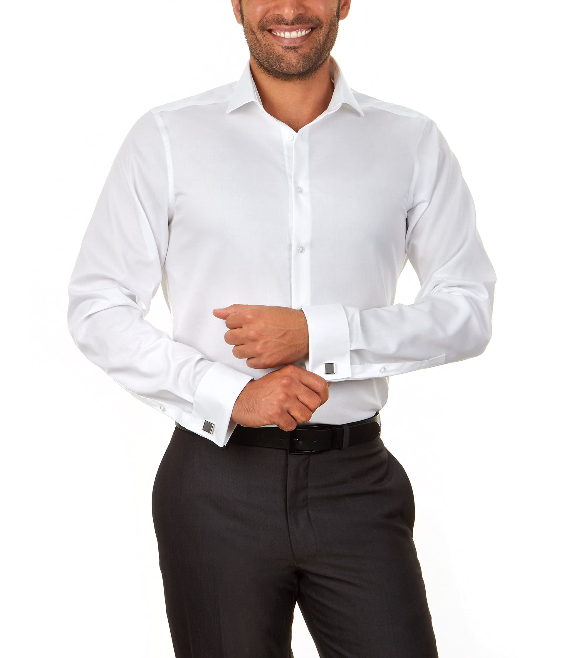 Calvin Klein Men's Big and Tall Dress Shirt Slim Fit Non Iron Herringbone French Cuff, White, 18" Neck 34"-35" Sleeve