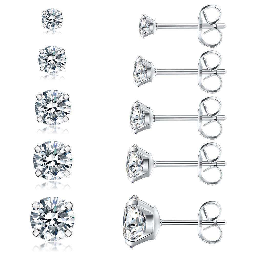 5 Pairs Stud Earrings Set, Hypoallergenic Cubic Zirconia 316L Earrings Stainless Steel CZ Earrings 3-8mm (Steel color)