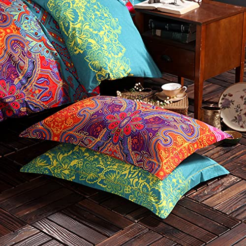 FADFAY Exotic Boho Duvet Cover Set King/California King 100% Brushed Cotton Soft Bohemian Bedding Red Teal Mandala Printed Bedding Reversible Striped Zipper Bed Comforter Cover + 2 Pillowshams