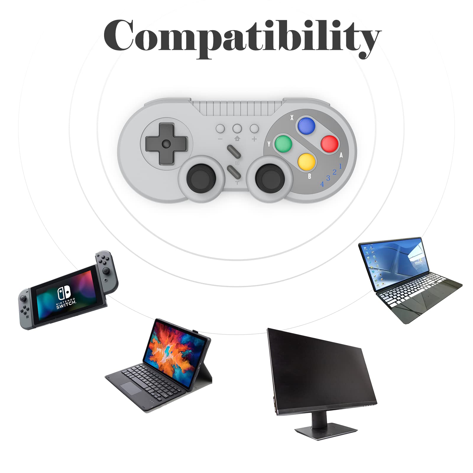 Switch Controller Wireless Gamepad Compatible with NS/Switch OLED/Windows PC - Classic SNES Style Controller with Motion Control/Vibration/Turbo/Wakeup - Gray