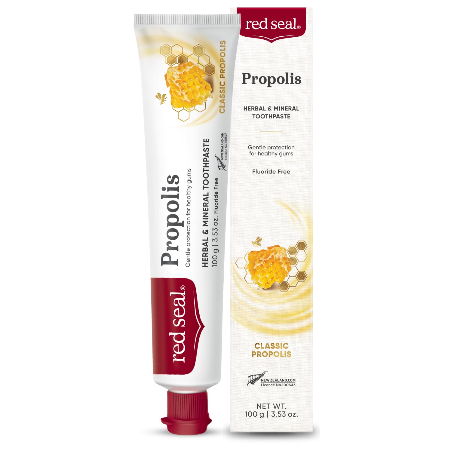 Red Seal Propolis Herbal & Mineral Natural Toothpaste - Fluoride Free, Organic Toothpaste, NATRUE Certified Natural - Natural Gum Health and Oral Hygiene, Prevents Plaque, Vegan, Cruelty-Free, 3.53 oz