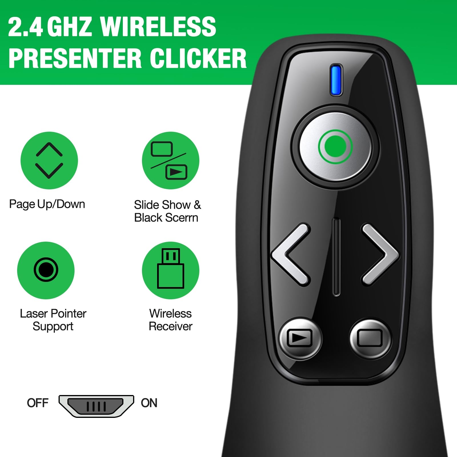 3-in-1 USB Type C Presentation Clicker Wireless Presenter Remote with Green Light for PowerPoint, Powerpoint Clicker with Volume Control PowerPoint Slide Advancer for Mac, Computer, Laptop