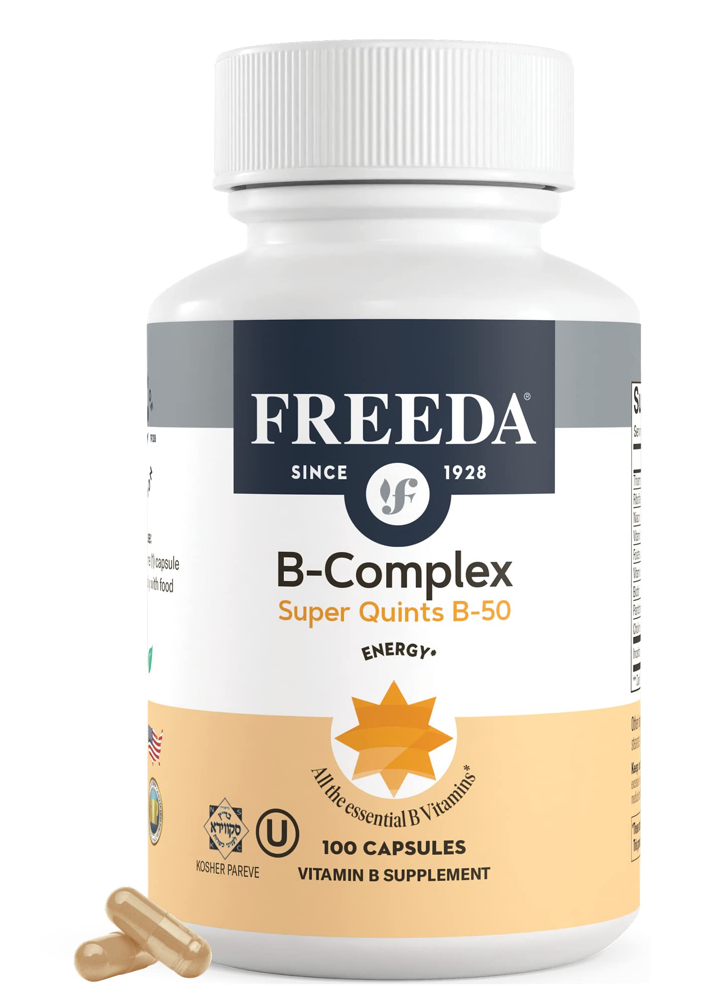 FREEDA Vitamin B Complex - Super Quints B-50 - Kosher Super B Complex Vitamin Supplement for Women & Men with Vitamin B1 Vitamin B2 Vitamin B3 Vitamin B6 Vitamin B12 Plus Folic Acid, 100 Capsules