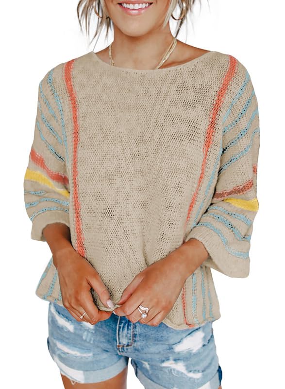 Dokotoo Fall Boho Tops for Women Trendy Crewneck Bell Sleeve Striped Color Block Oversized Casual Sweaters Knit Cute Dolman Sleeve Tops Purple Medium