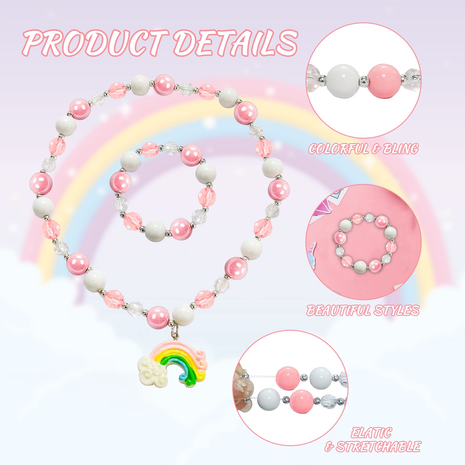 Newmemo Beads Necklace and Bracelet for Kids 6PCS Play Jewelry for Little Girls Princess Unicorn Mermaid Rainbow Pendant for Toddler Christmas Birthday Party Favors Cosplay
