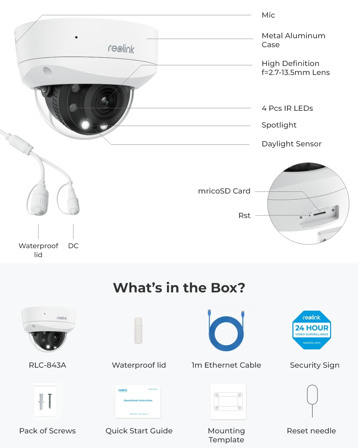 REOLINK RLC-843A - 4K PoE Security Camera with Spotlights, 5X Optical Zoom, Outdoor Camera with Color Night Vision, Two-Way Talk, Human/Vehicle/Animal Detection, IK10 Vandalproof, No PT Supported