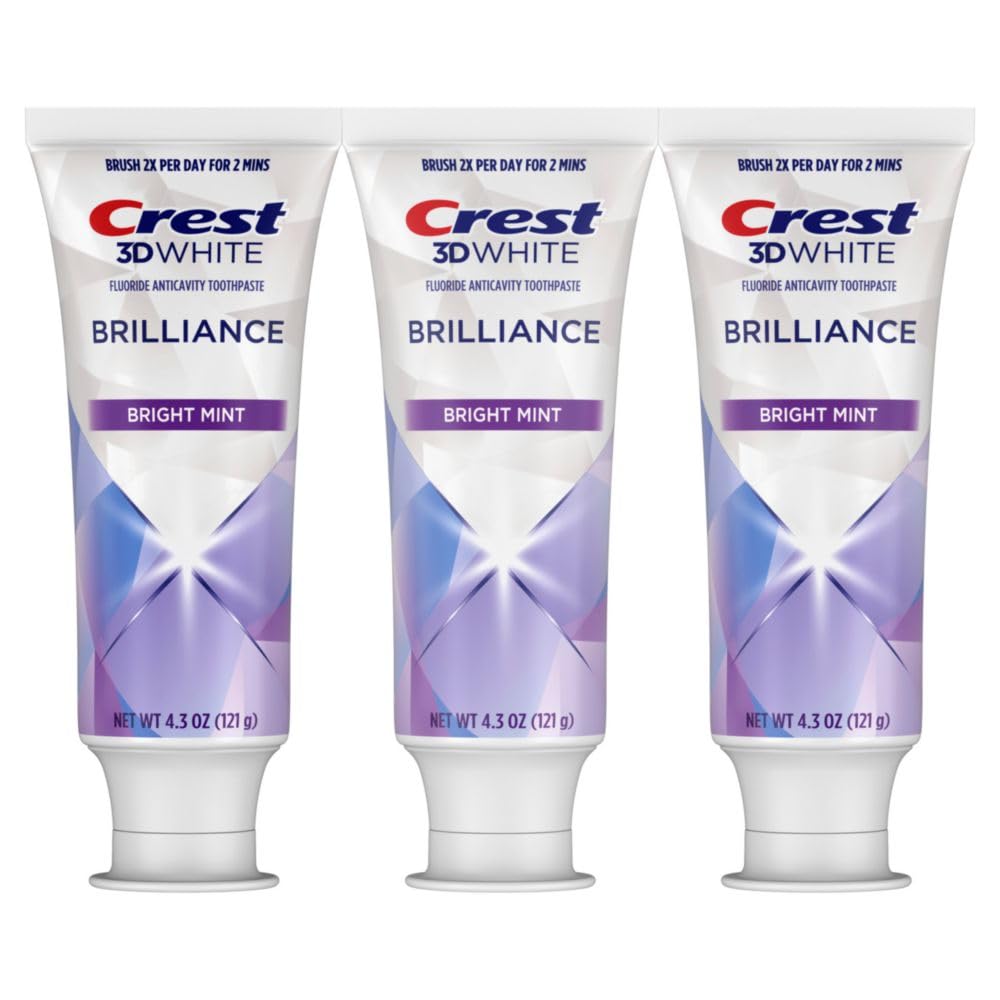 Crest 3D White Brilliance Bright Mint Teeth Whitening Toothpaste, 4.3 oz Pack of 3, 100% More Surface Stain Removal, 24 Hour Active Stain Prevention, Whiter Teeth in 3 Days