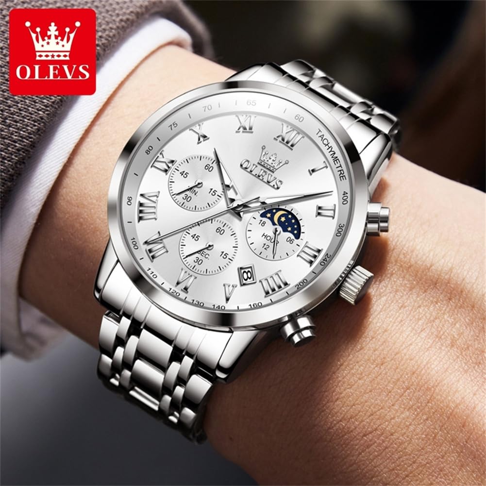 OLEVS Men Analog Quartz Watches Fashion White Dial Watches for Men Chronograph Watches Sliver Stainless Steel Watches Men Day Date Watches Mens Waterproof Watches Roman Numerals Watches Luxury