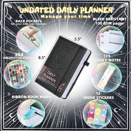 Ospelelf Leather Undated Daily Planner 2024-2025 (5.5 x 8.5''), Weekly & Monthly Life Planner, Organizer Notebook & Productivity Journal. 7 Months, A5 Hardcover, Start Any Time + Stickers(Black)