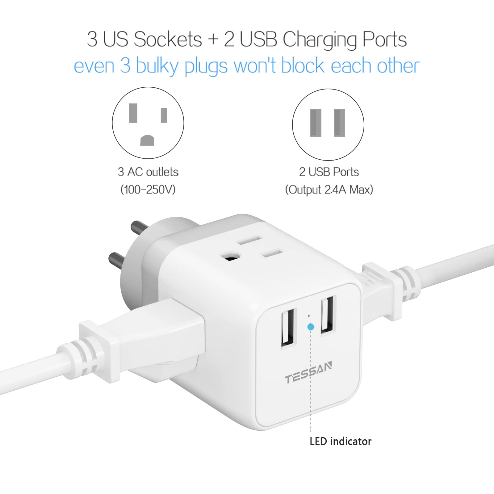 TESSAN Israel Power Adapter US to Israel Plug Adapter with 3 Outlets 2 USB Charging Ports, Power Outlet Converter for Israel, Palestine, Jerusalem, Holy Land, Gaza Strip, Type H Output