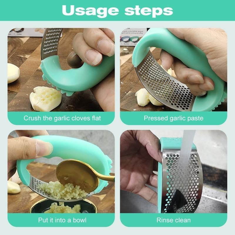 Stainless Steel Garlic Press, Garlic Chopper Garlic Press Rocker Set with Peeler, Garlic Mincer Crusher Masher with Peeler and Cleaning Brush, Garlic Chopper for Smash Garlic Kitchen Tools (Green)