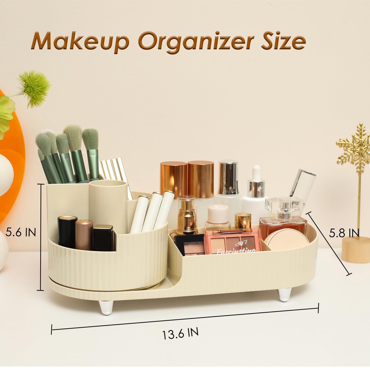 Makeup Organizer Countertop Rotating Makeup Organizer for Vanity Large Capacity Cosmetic Display Case with Makeup Brush Holder Cosmetic Organizer Countertop（Cream）