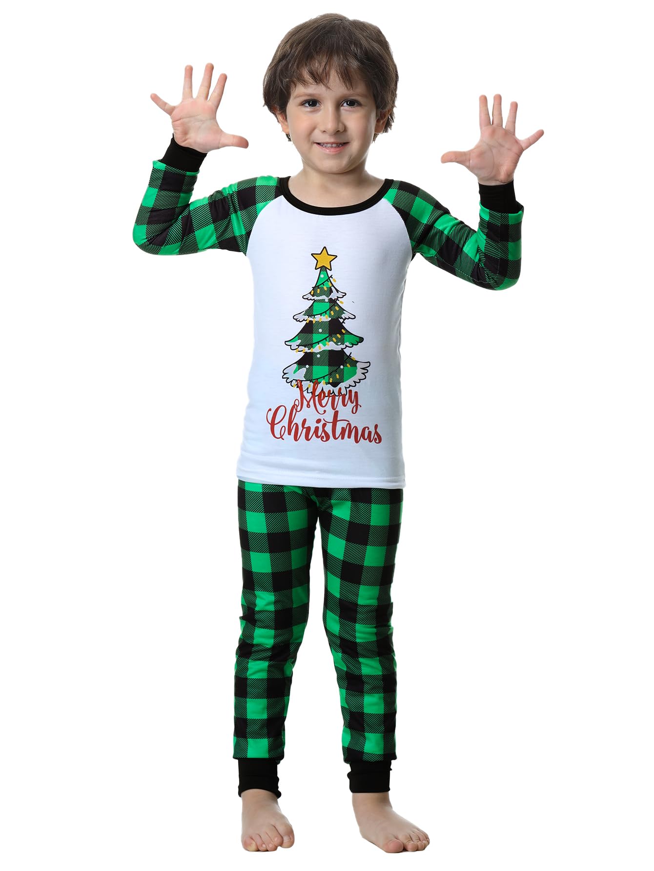 MyFav Matching Family Christmas Pajamas Xmas Tree Jammies for Adults and Kids Holiday Sleepwear,Green,Women-XS