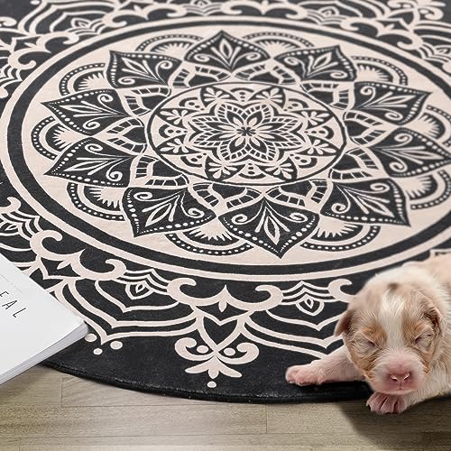 Carvapet 2' Small Round Area Rug Chic Boho Mandala Print Circle Rugs Non Slip Machine Washable Floor Mat Soft Throw Rug for Powder Room Entryway Bathroom Nursery Bedside Floor Decor Black Ivory