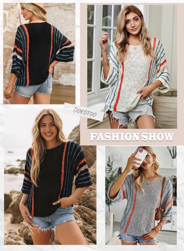 Dokotoo Fall Boho Tops for Women Trendy Crewneck Bell Sleeve Striped Color Block Oversized Casual Sweaters Knit Cute Dolman Sleeve Tops Purple Medium