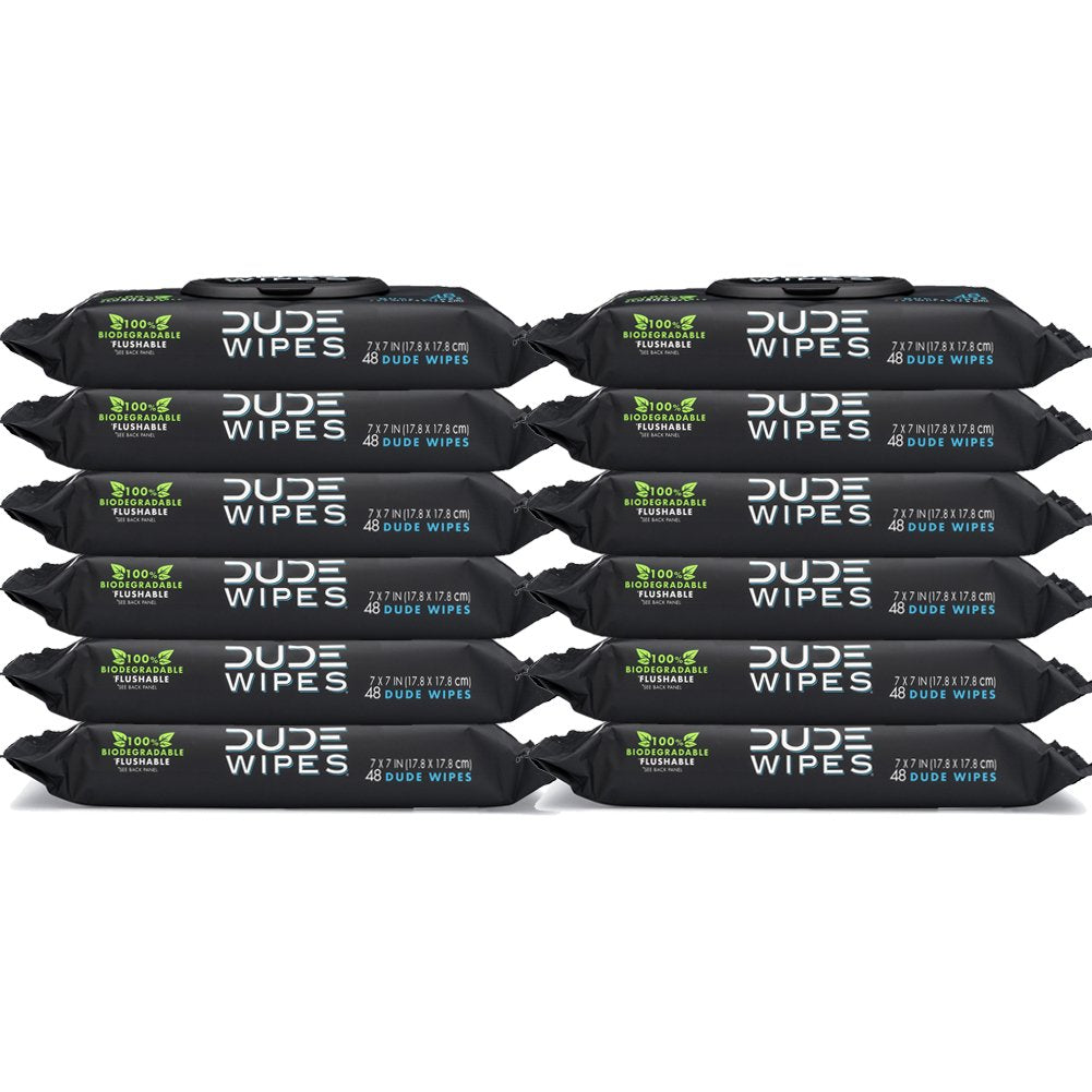 DUDE Wipes Flushable Wipes, Unscented with Vitamin-E & Aloe, 100% Biodegradable, Dispenser (12 Packs, 576 Total Count)