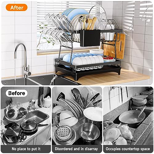 PKBD Rustproof Stainless Steel Dish Drying Rack,2 Tier Large Dish Rack for Kitchen Counter,Dish Rack with Drainboard,Utensil Holder & Cup Holder,Black