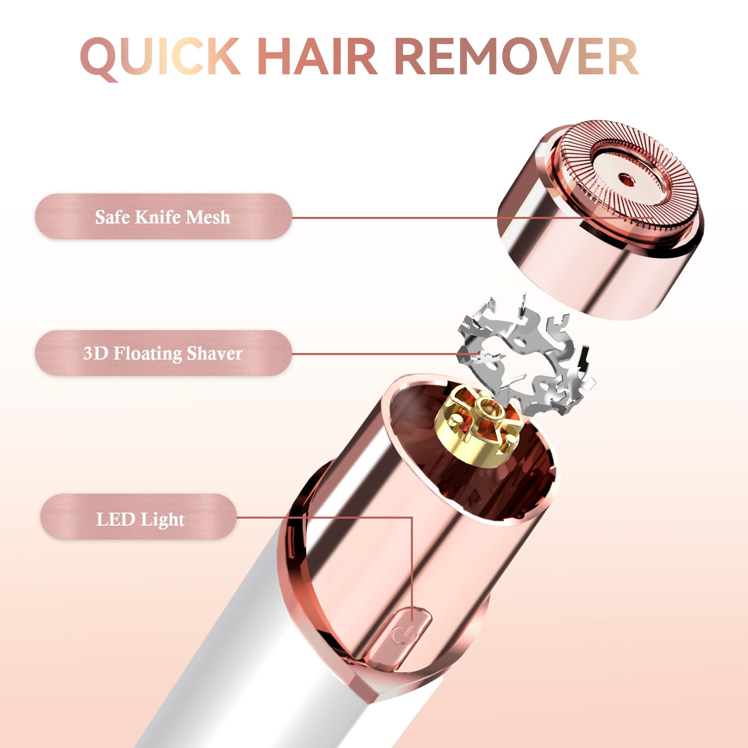 Facial Hair Removal for Women, Portable Lady Shaver, 2 x Replacement Heads Included, Rechargeable Painless Hair Remover for Face, Upper Lips, Chin, Peach Fuzz
