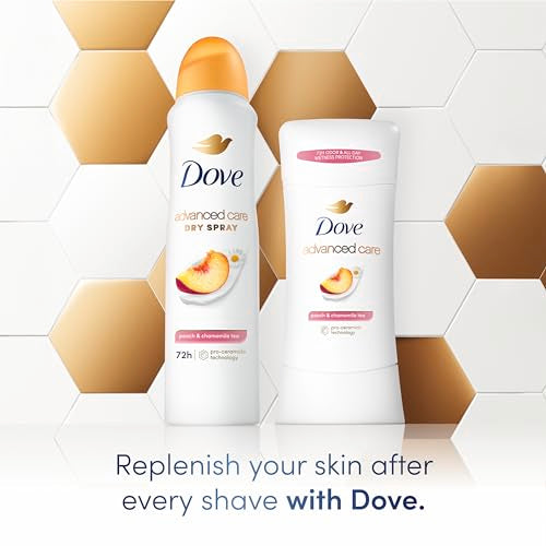 Dove Advanced Care Antiperspirant Deodorant Dry Spray Peach & Chamomile Tea 3ct underarm care boosts skin's ceramide levels 72hour odor control &all-day sweat protection ProCeramide technology 3.8 oz