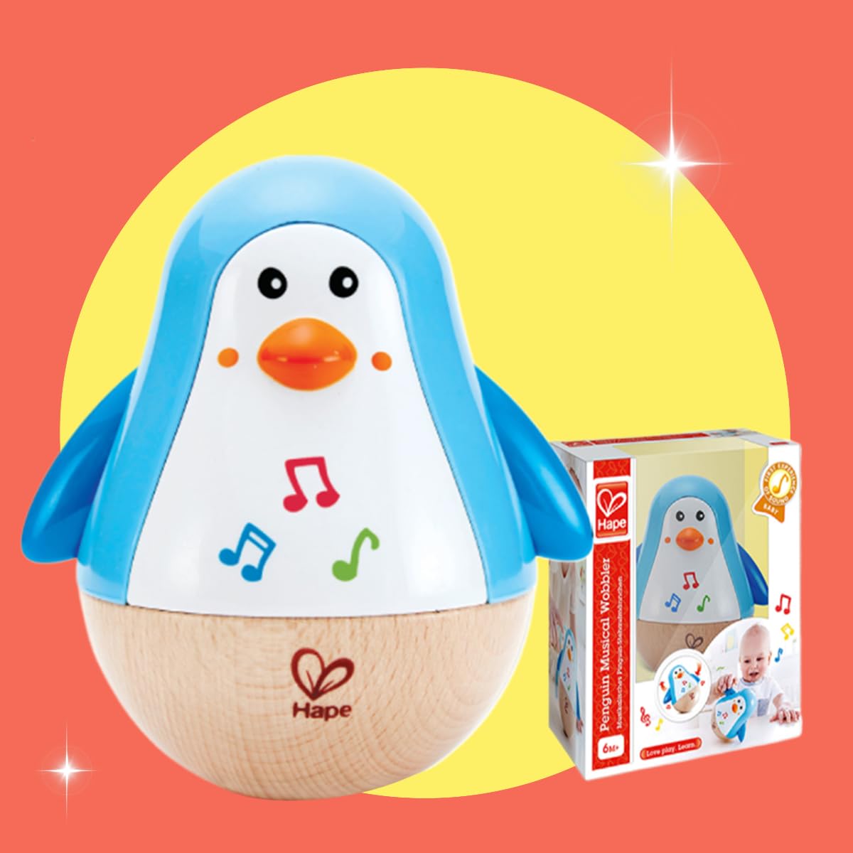 Hape Penguin Musical Wobbler | Colorful Wobbling Melody Penguin, Roly Poly Toy for Kids 6 Months+, Multicolor, 5'' x 2'' (E0331)