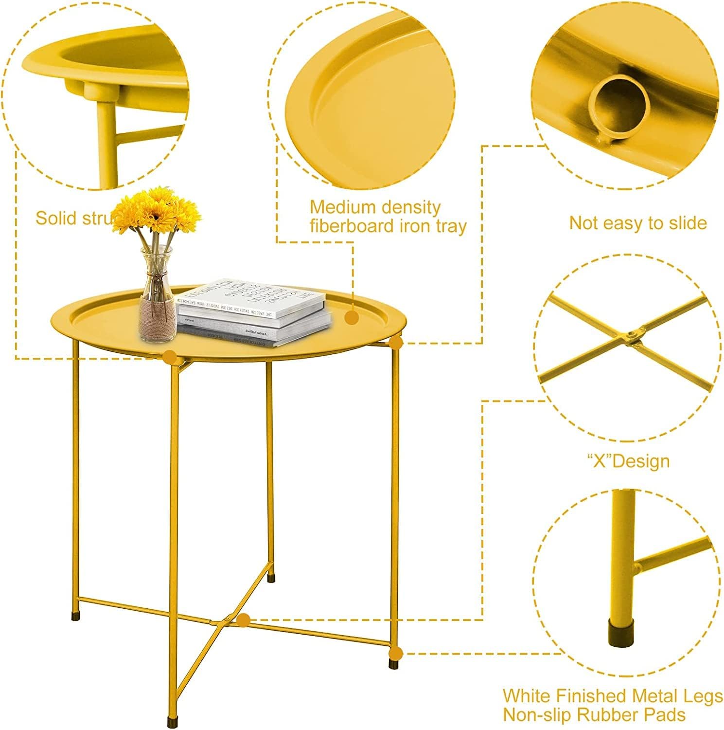 Garden 4 you End Table Outdoor Side Table, Small Patio Table Metal Side Table, Round Folding Side Table, for Outdoor and Living Room,Yellow