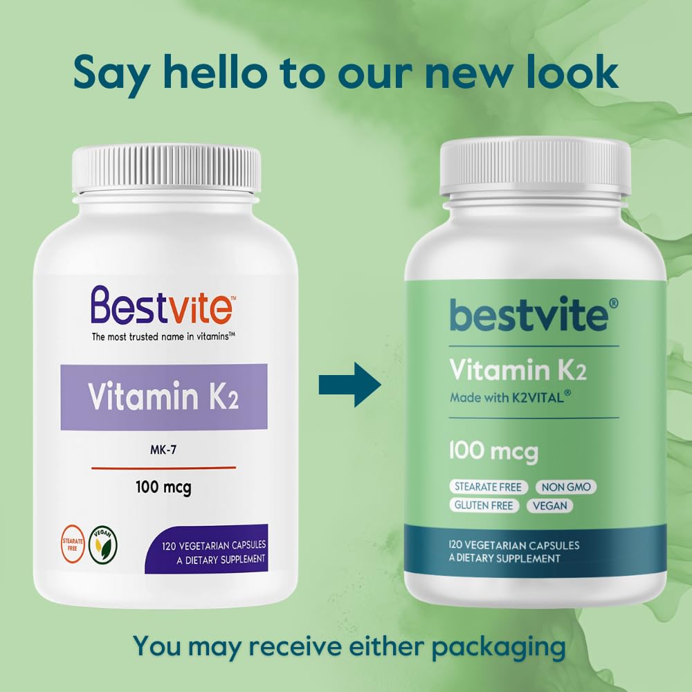 BESTVITE Vitamin K2 100 mcg as MK-7 w/Patented K2VITAL (120 Vegetarian Capsules) - No Stearates - Vegan - Non GMO - Gluten Free