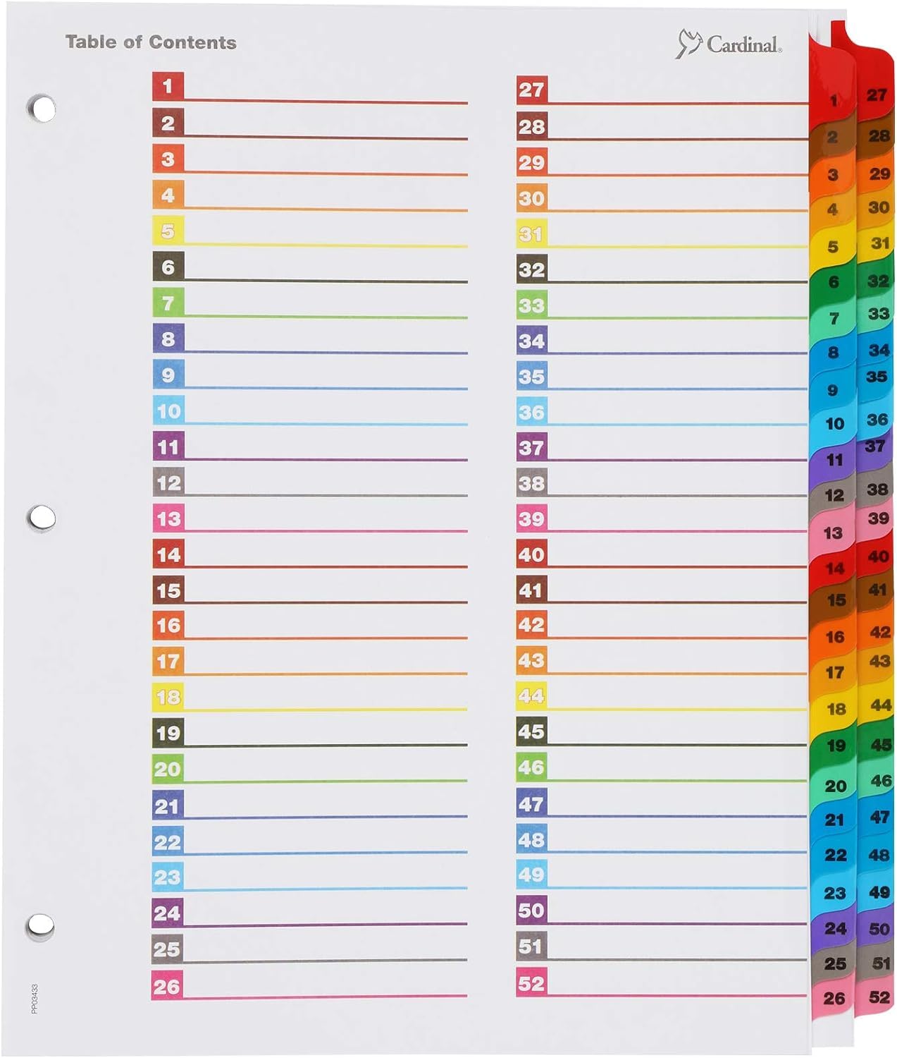 Cardinal OneStep Binder Dividers, 52-Tab, Customizable Table of Contents, Reversible Multicolor Tabs, Numbered 1–52, 1 Set (60990)