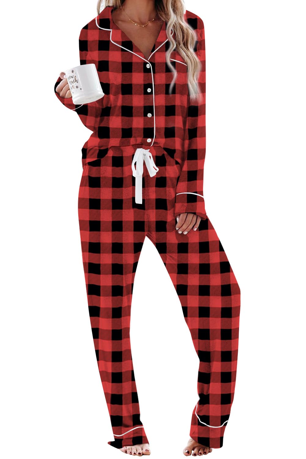 Aamikast Pajama Sets for Women Soft Button Up Christmas Pjs Matching Sets (Plaid Red M)