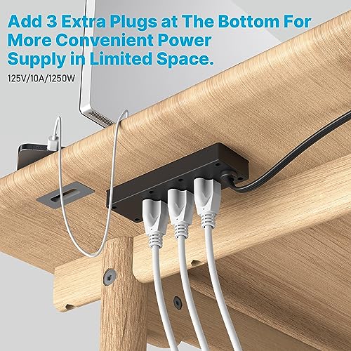 CCCEI 6 Outlets Dual Side Recessed Power Strip with USB C Ports, Furniture Flush Mount, Under Desk, Desk Top Multiple Outlets, Hidden Charging Station for Conference Table, Nightstand, Black. 6FT.