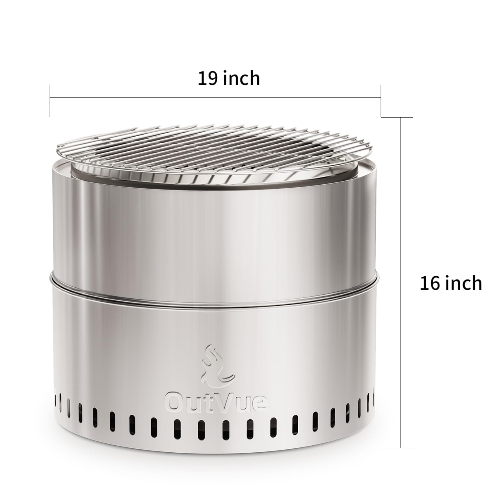 OutVue 19 inch Stainless Steel Smokeless Fire Pit with Grill, Outdoor Smokeless Firepit, Wood Burning Fire Pits for Camping, Bonfire, Low Smoke Firepit for Outside (Vertical Hole)