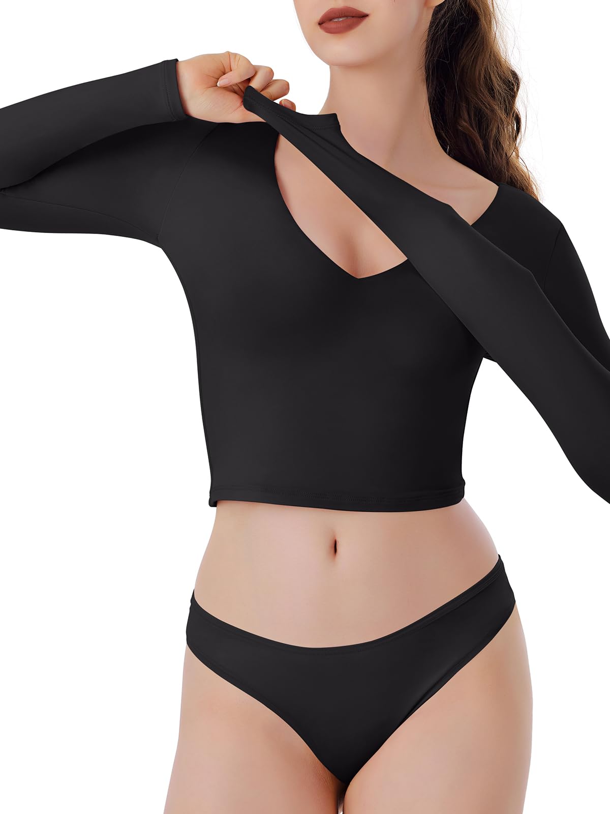 REORIA Women's V Neck Long Sleeve Slim Fitted Crop Tops Soft Layering Basic Shirt 2024 Fall Going Out Top Black
