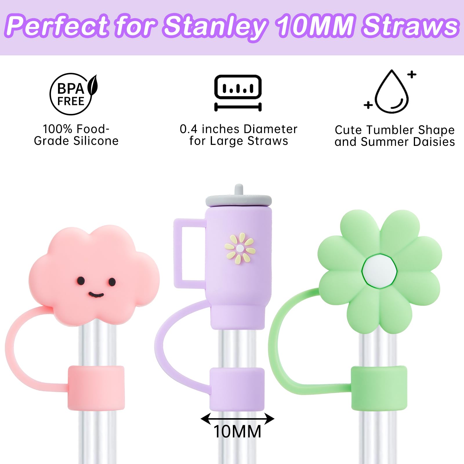 9PCS Straw Cover Cap for Stanley Cup, Silicone Straw Topper for Stanley 30&40 Oz Tumbler with Handle, 10mm Drinking Straw Tip Covers for Christmas Gifts.