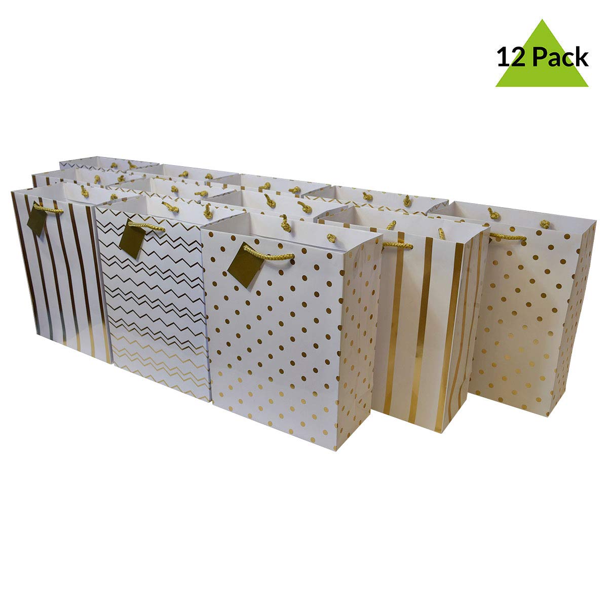 OccasionALL Gold &Silver Gift Bags 7.5x3.5x9 12 Pack Medium Assorted Print Gift Bags with Handles, Christmas Gift Wrap, Holidays, Seasonal Bulk Shopping